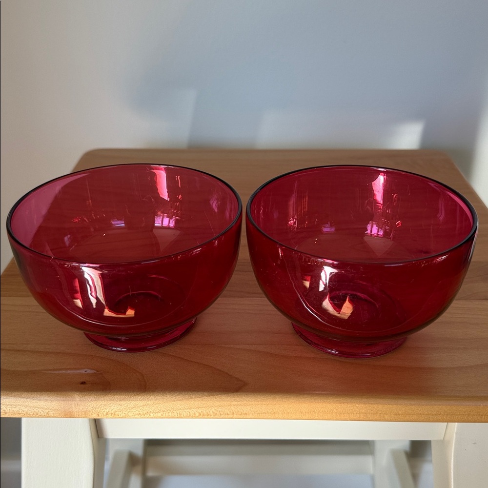 Vintage Set of 2 Hand Blown MCM Ruby Red Cranberry Glass Footed Dessert Bowls